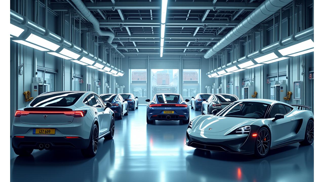 An aerial view of the Apex Autosport state-of-the-art facility in Singapore, showcasing multiple service bays and high-performance vehicles under meticulous care.