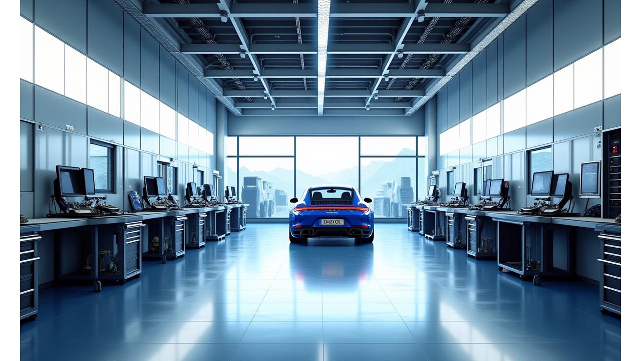 Interior shot of the Apex Autosport facility showcasing advanced diagnostic tools, clean work areas, and technicians working meticulously on a high-performance vehicle.