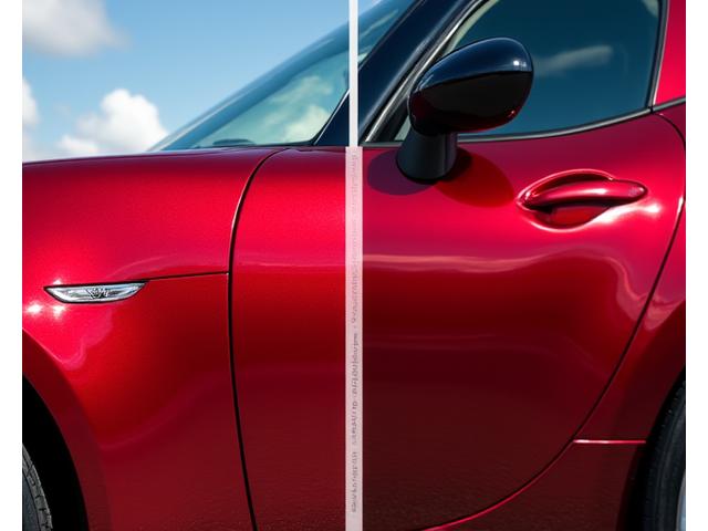 Glossy red sports car before and after detailing