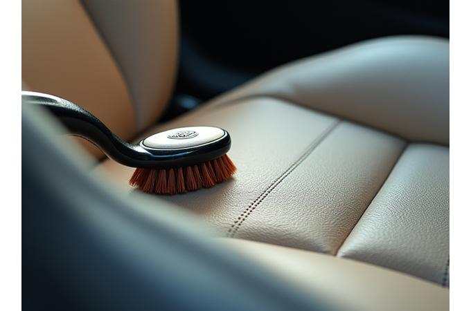 Luxurious car interior undergoing deep cleaning and leather conditioning