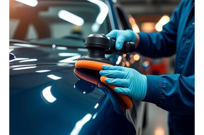 Technician carefully inspecting car paint under bright lights for paint correction