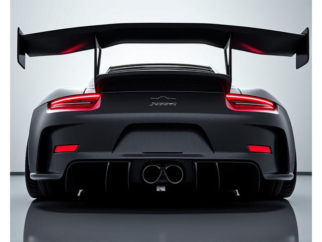 Sleek rear view of a sports car showcasing a carbon fiber rear wing and diffuser.