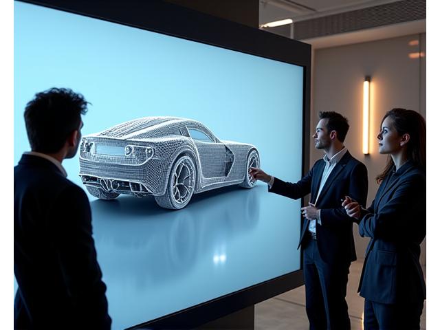 Team of designers and engineers discussing a custom car project on a large screen with CAD models.