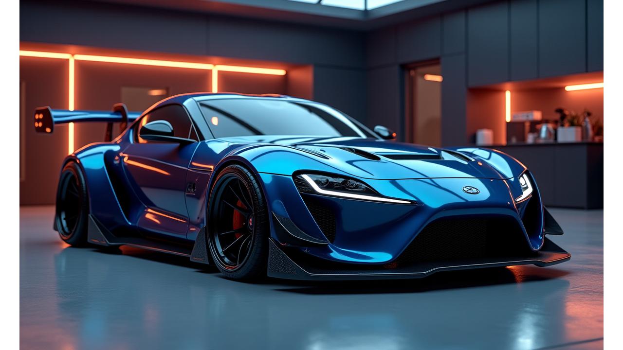 Stunning widebody sports car with advanced aerodynamic features, parked in a modern, sleek workshop.