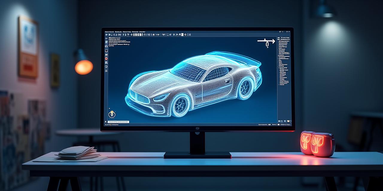 Digital rendering of a custom car body part being designed in CAD software, overlaid with progress arrows.