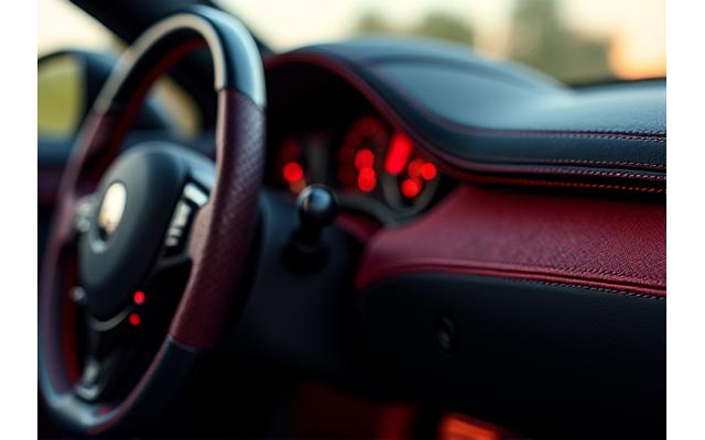 Luxury car interior with custom alcantara dashboard and stitching in matching colors.