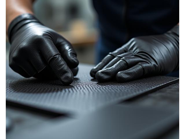 Close-up of a craftsman's hands meticulously sanding a carbon fiber panel.