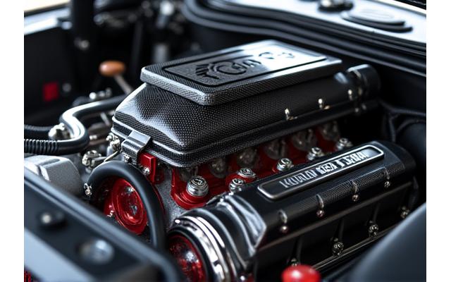 Highly polished and tuned performance engine bay of a custom car.