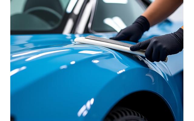 Technician applying paint protection film to a sports car fender in a clean room.