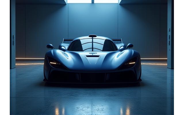 Stunning widebody show car with custom paint, illuminated in a dark showroom.