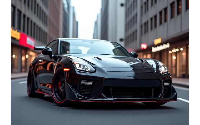 Sleek black sports car with visible aerodynamic front splitter and side skirts on a city street.