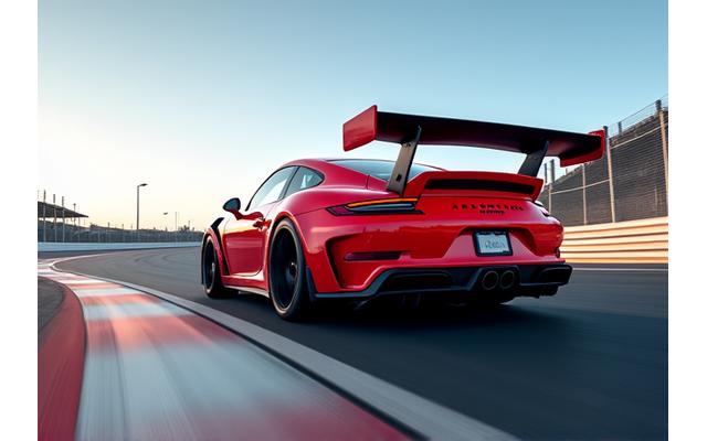 Race car on track with a large, functional rear wing and aggressing diffuser.