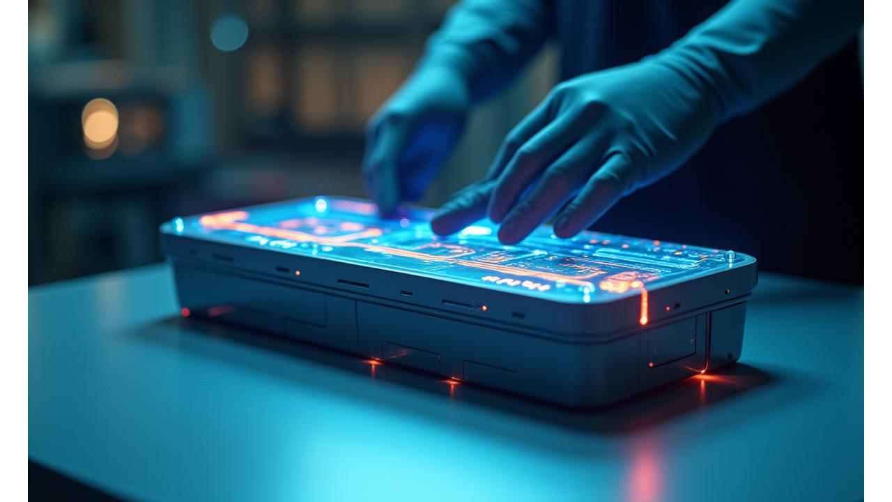 Close-up view of a high-performance electric vehicle battery pack with glowing blue energy lines, integrated with a sleek, futuristic diagnostic interface on a tablet.