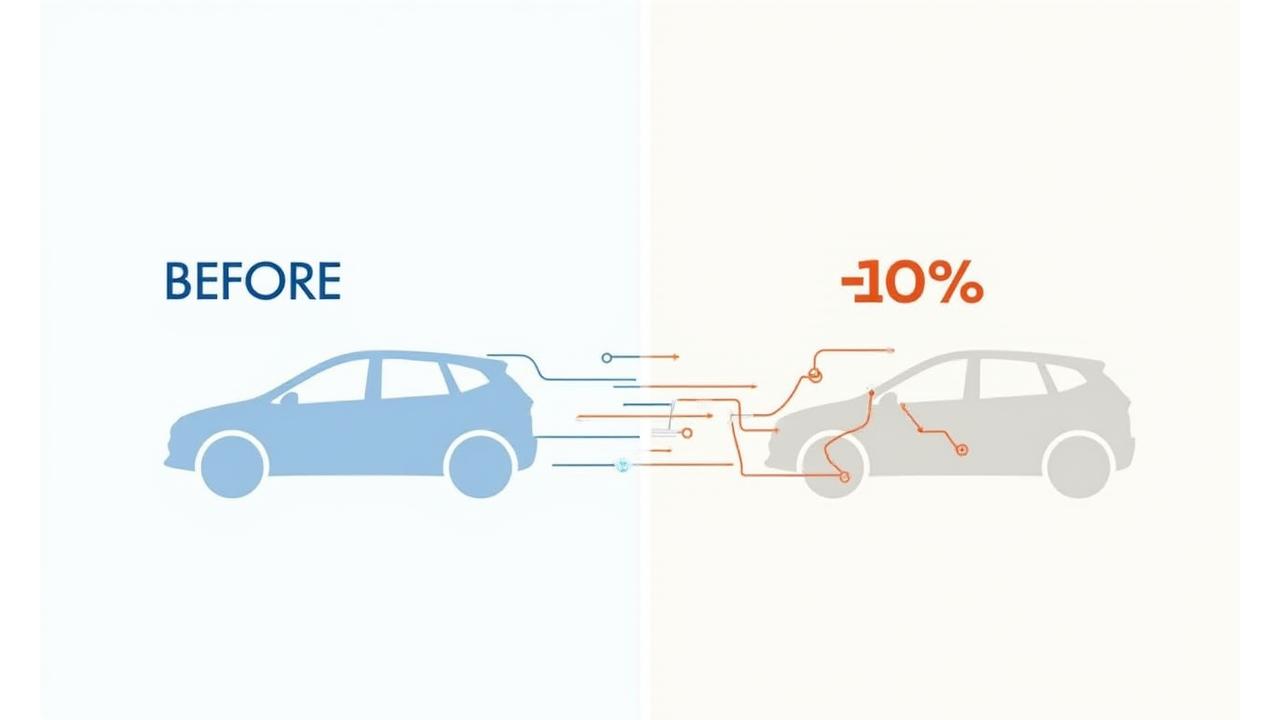 An infographic depicting a before-and-after comparison of EV range and charging speed, with dynamic lines and vibrant data points showing significant improvement.