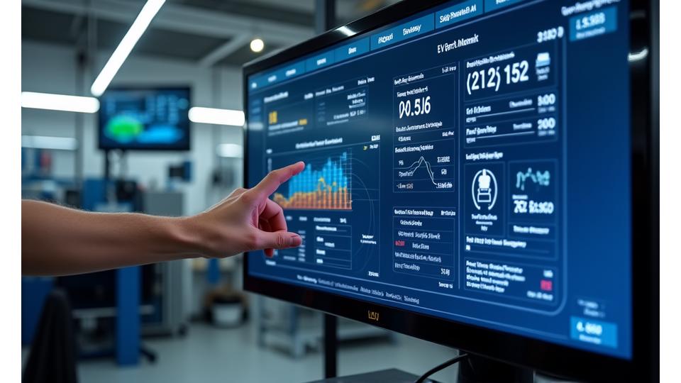 A sophisticated dashboard display on a large screen showing real-time EV battery performance graphs, charging status, and energy flow, with an engineer's hand interacting with a touchscreen.