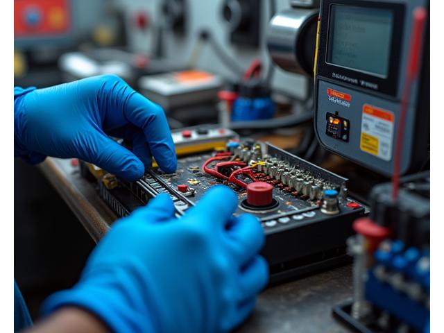 A technician meticulously connecting diagnostic cables to an electric vehicle's high-voltage battery pack.