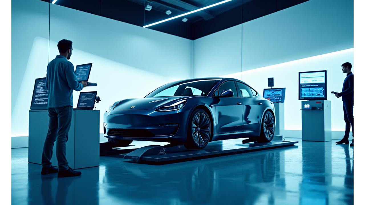 High-tech electric vehicle on a lift in a pristine Apex Autosport service bay, with diagnostic equipment connected.