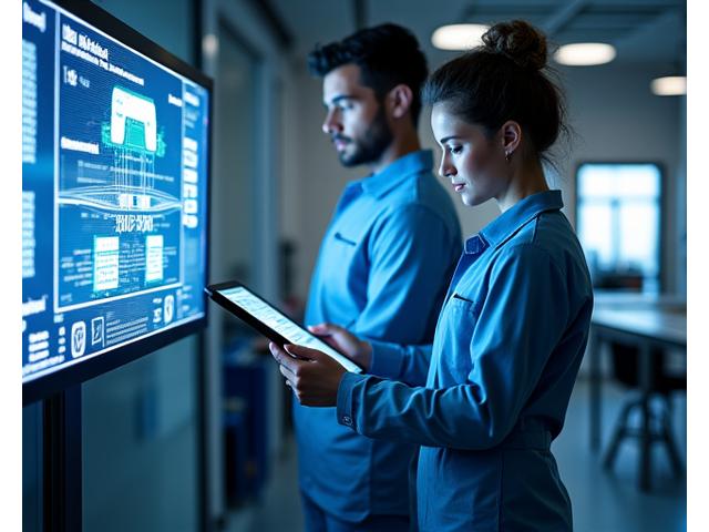 Two Apex Autosport certified EV technicians in clean uniforms reviewing diagnostic data on a large screen in a modern workshop.