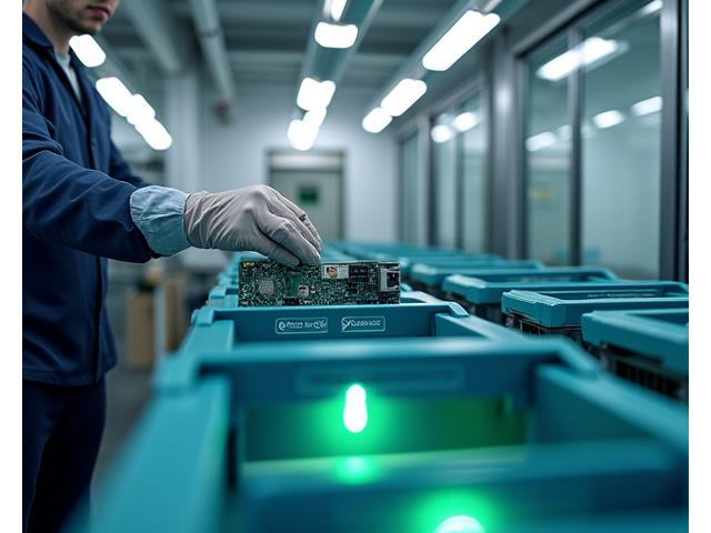 A technician carefully separating EV battery cells for recycling in a brightly lit, organized facility.