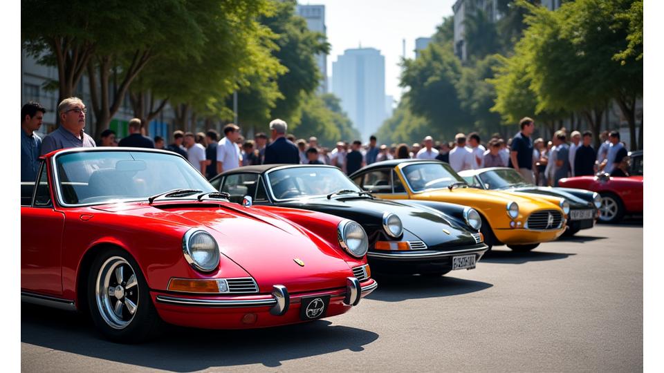 Classic cars at a car show in Singapore, with enthusiasts gathering