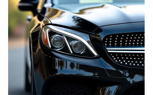 After shot of a glossy, mirror-finish black Mercedes-Benz C-Class paintwork after detailing