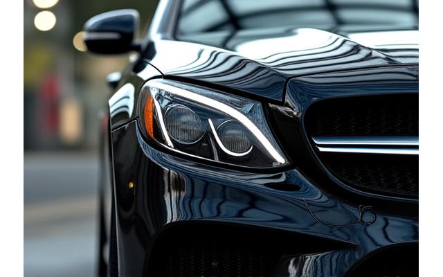 Before shot of a dull, scratched black Mercedes-Benz C-Class paintwork