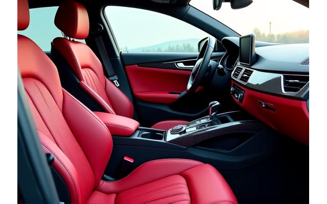 After shot of a sedan interior with custom red leather upholstery and carbon fiber accents