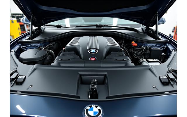 Before shot of a stock engine bay of a BMW M3