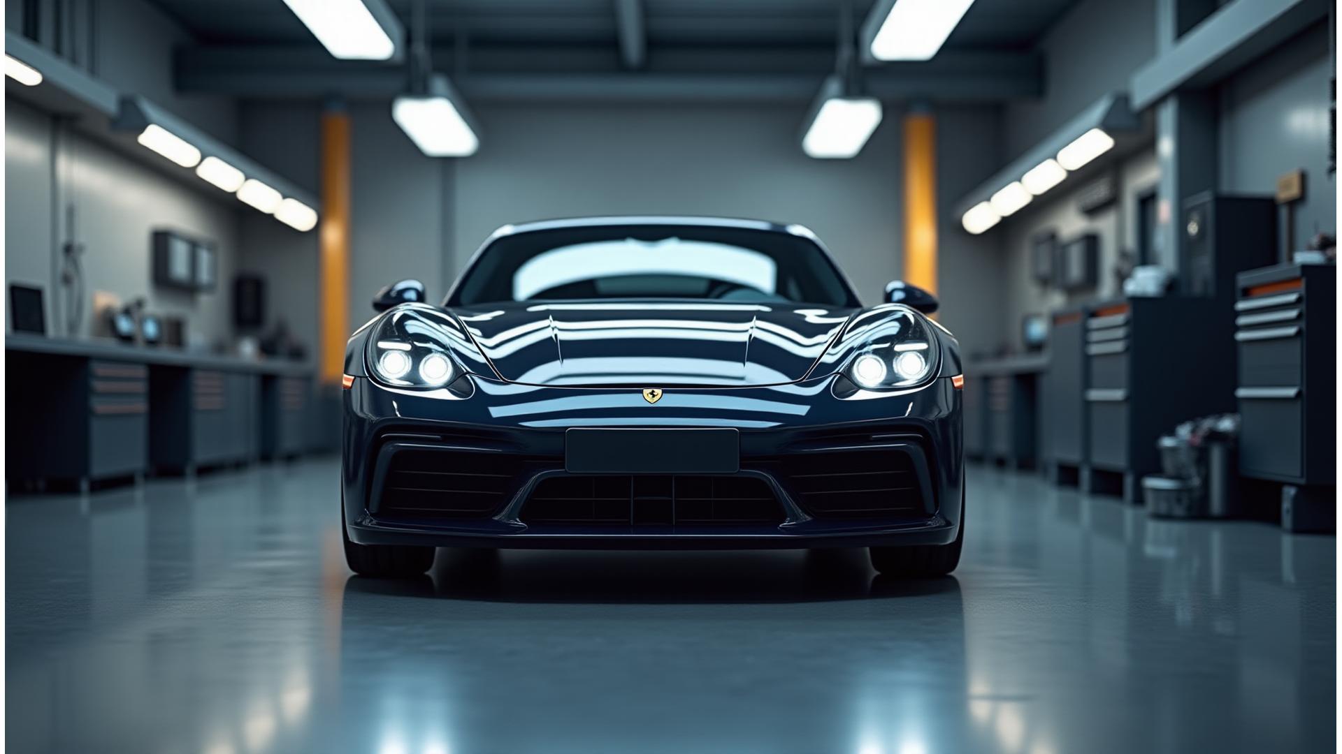 Stunning luxury sports car in a high-tech automotive workshop, bathed in sophisticated lighting, emphasizing precision and power, hinting at the transformation Apex Autosport offers.