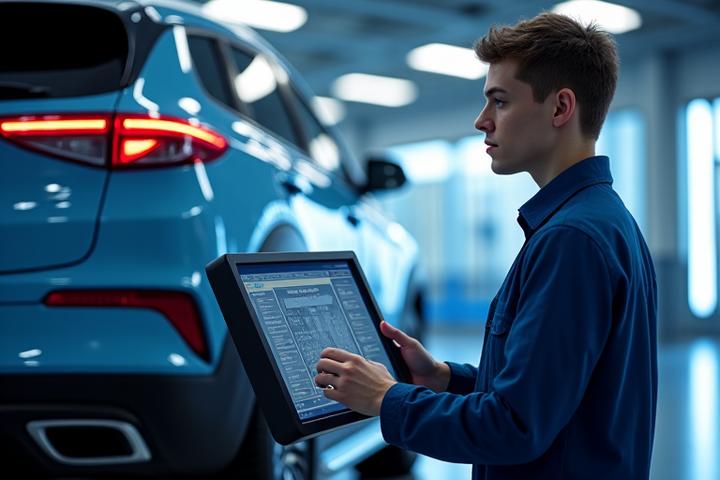 Technician performing diagnostics on an electric vehicle in a clean, high-tech bay with specialized equipment.