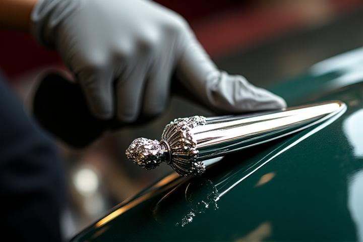 Close-up of a hand meticulously detailing the chrome accent of a classic luxury car, highlighting precision.