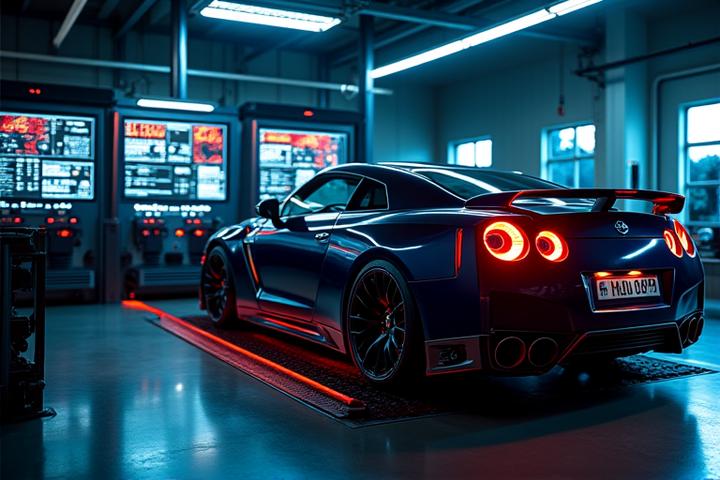 Sports car on a dynamometer, undergoing performance tuning with advanced computer equipment visible.