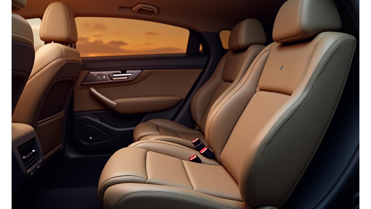A comfortable and luxurious car seat interior with heating/cooling controls visible, illuminated by soft ambient lighting, promoting a sense of relaxation and advanced features.