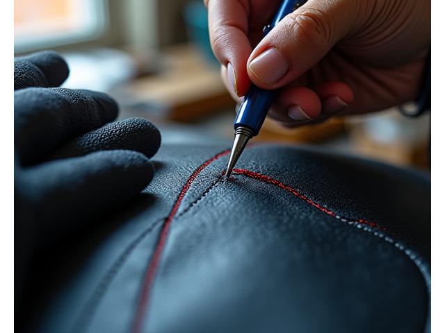 Close-up of a hand stitching intricate patterns into premium automotive leather, showcasing high-quality craftsmanship.