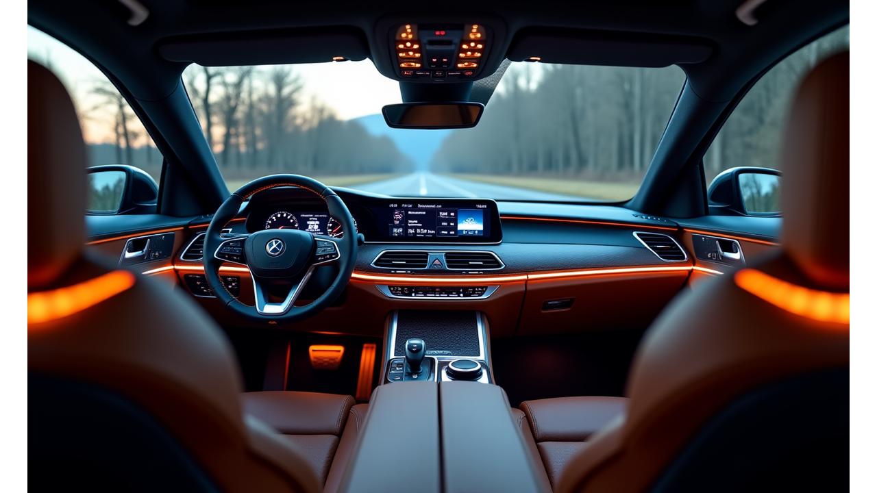A luxurious, bespoke car interior with premium leather, custom stitching, and ambient lighting, showcasing meticulous craftsmanship.
