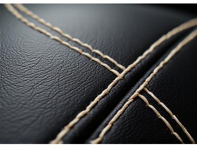 Close-up of precise, contrasting white double stitching on dark leather, showcasing quality.