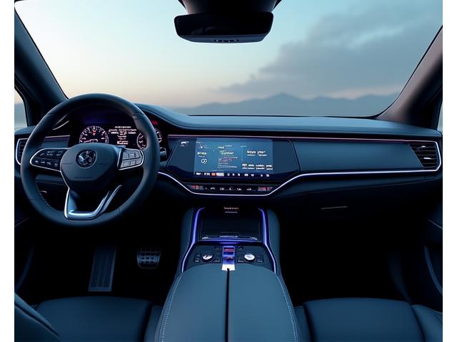 A modern car dashboard with an integrated, large format infotainment screen displaying a custom user interface, surrounded by premium materials.