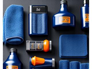 Close-up of premium car detailing products and tools arranged neatly.
