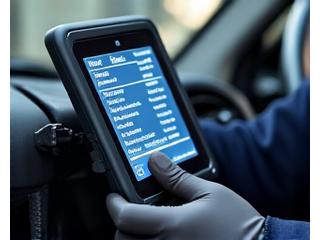 Automotive technician using a diagnostic tablet connected to a car's engine bay.