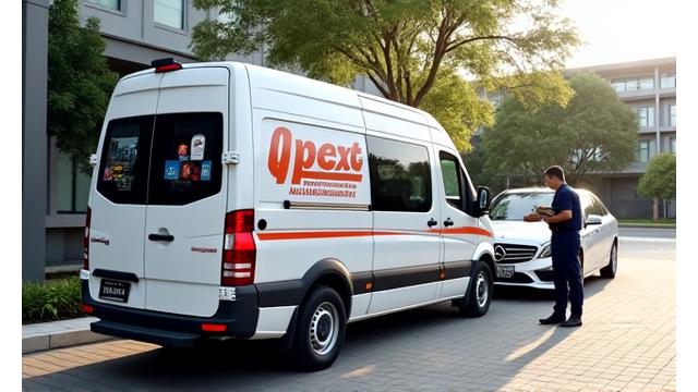 Apex Autosport mobile service van arriving at a client's location, showcasing professional equipment setup.