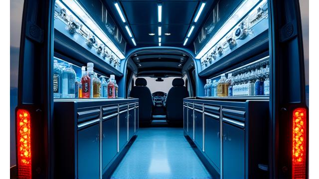 Interior view of a professional mobile automotive service van showing organized tools and equipment.