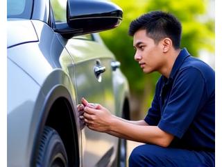 Technician performing minor bodywork repair on a car's fender in an outdoor setting.