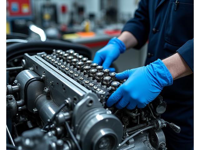 Technician working on a high-performance engine with precision tools