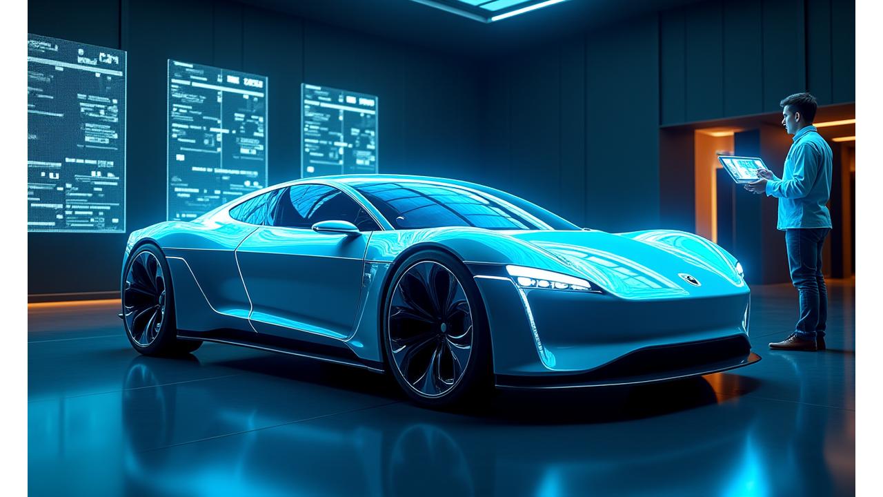 Advanced diagnostic equipment connected to a modern sports car, displaying data visualizations on a screen