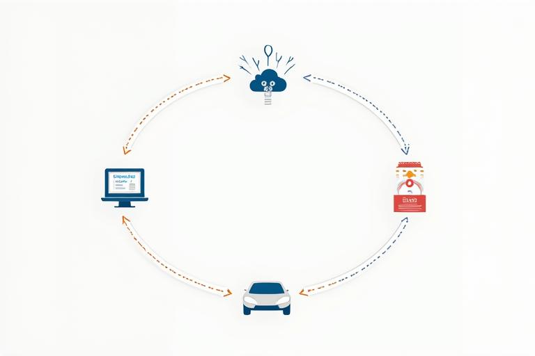 Flowchart illustration showing data collection from car, analysis by AI, and then actionable insights and scheduling