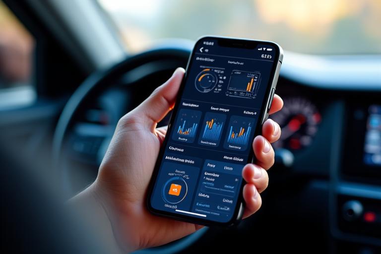 Smartphone displaying a sophisticated vehicle monitoring app dashboard, showing engine data, fluid levels, and alerts