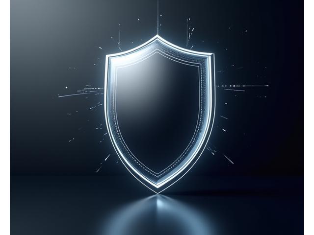 A sleek, metallic shield icon overlaid with a subtle geometric pattern, evoking digital security and protection.