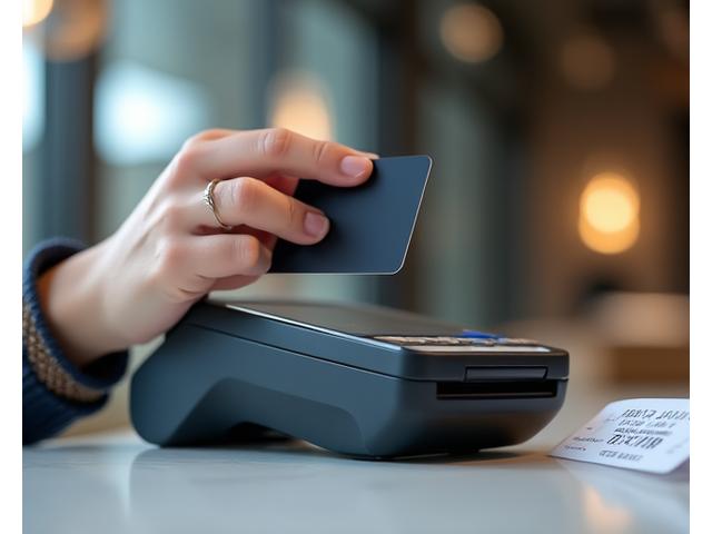 Close-up of a hand holding a credit card over a POS machine, with a receipt partially visible, symbolizing secure and clear transactions.