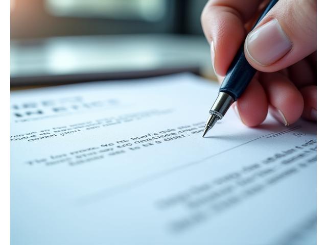 Close-up view of hands pointing to lines in a detailed legal document, symbolizing review and agreement on service terms.